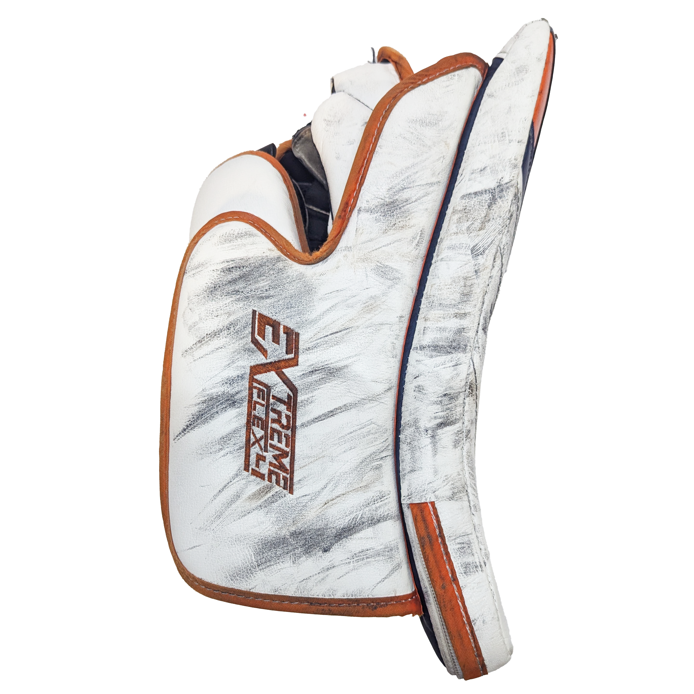 CCM Extreme Flex 4 - Used WHL Pro Stock Goalie Blocker (White/Navy/Orange)